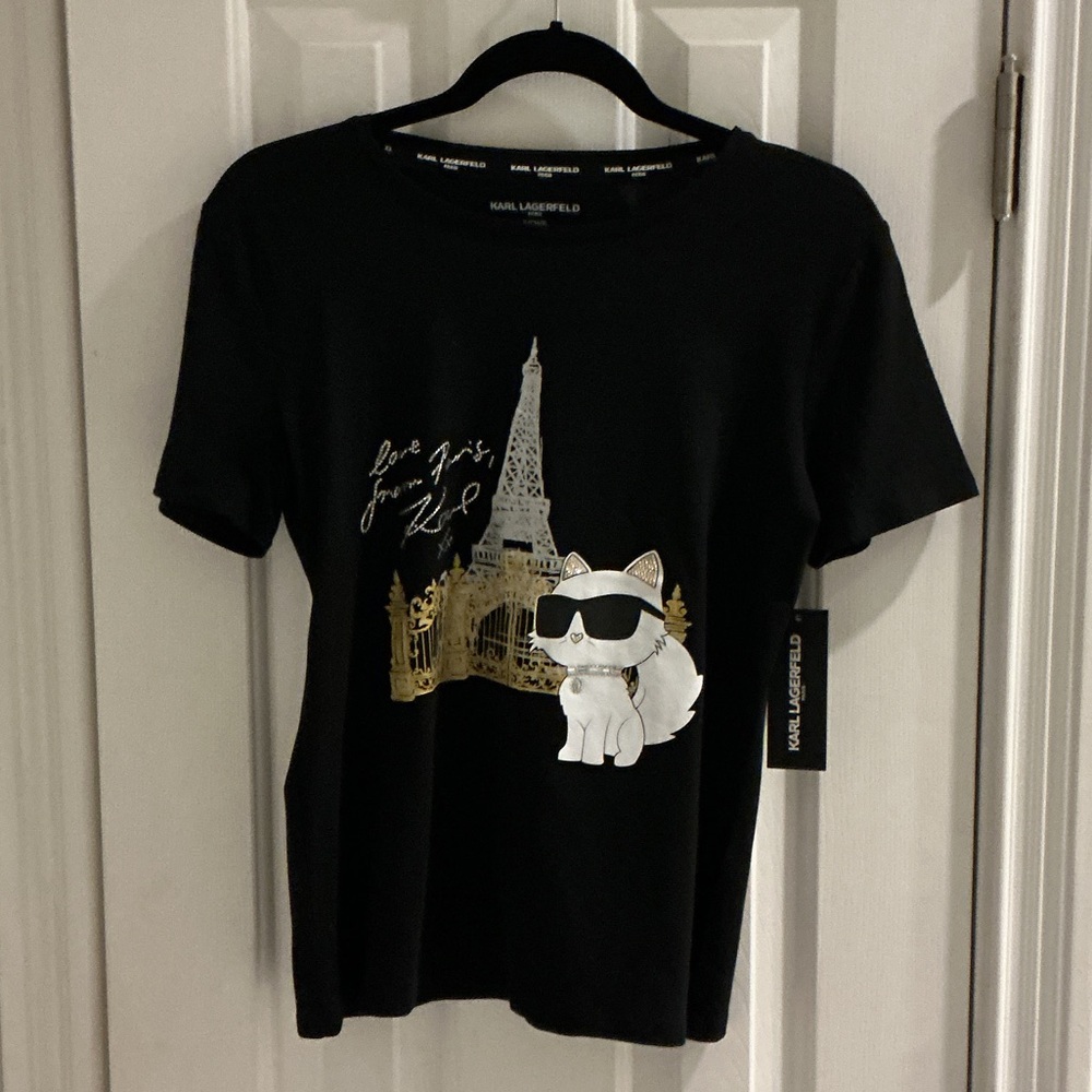 Karl Lagerfeld Black Short-Sleeve Tee with Gold Paris & White Cat Graphic